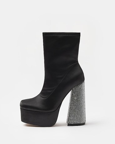 River Island BLACK EMBELLISHED PLATFORM HEELED BOOTS | women’s glamorous retro inspired footwear | 70s glam | vintage style block heel platforms