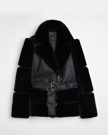 RIVER ISLAND BLACK FAUX FUR BIKER JACKET ~ women’s fluffy panel winter jackets