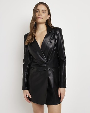 RIVER ISLAND BLACK FAUX LEATHER WRAP BLAZER DRESS – jacket style evening dresses