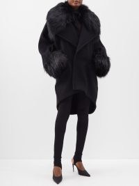 SAINT LAURENT Faux-fur trimmed wool-blend coat in black – women’s luxe designer winter coats – glamorous vintage inspired outerwear – retro glamour