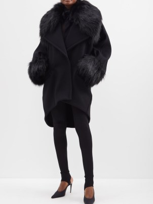 SAINT LAURENT Faux-fur trimmed wool-blend coat in black – women’s luxe designer winter coats – glamorous vintage inspired outerwear – retro glamour - flipped