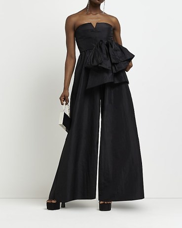 RIVER ISLAND BLACK FRILL BANDEAU JUMPSUIT | strapless ruffle detail evening occasion jumpsuits | glamorous party fashion