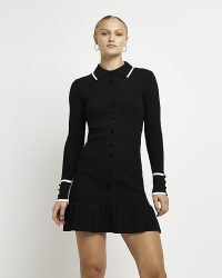 River Island BLACK KNIT SHIRT DRESS | knitted tiered hem collared dresses | winter knitwear fashion