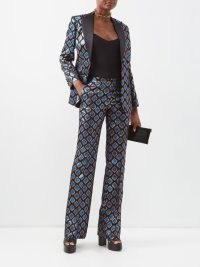 ETRO Metallic-jacquard straight-leg suit trousers in blue ~ womens luxe tailored occasion pants ~ women’s luxury evening fashion ~ glamorous retro look party clothes ~ matchesfashion