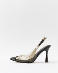 River Island BLACK PERSPEX HEELED COURT SHOES | transparent slingback court | embellished point toes | party slingbacks