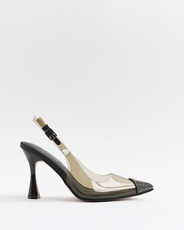 River Island BLACK PERSPEX HEELED COURT SHOES | transparent slingback court | embellished point toes | party slingbacks - flipped
