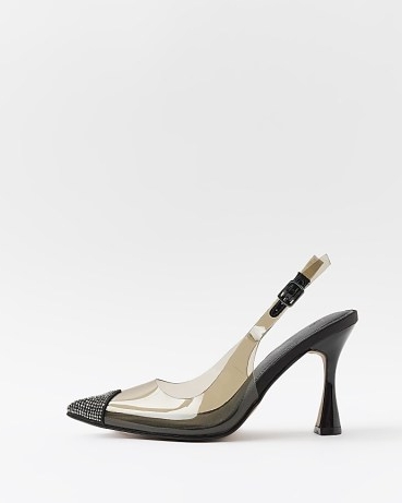 River Island BLACK PERSPEX HEELED COURT SHOES | transparent slingback court | embellished point toes | party slingbacks
