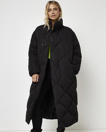 RIVER ISLAND BLACK QUILTED OVERSIZED PUFFER JACKET – women’s padded high neck longline winter coats - flipped