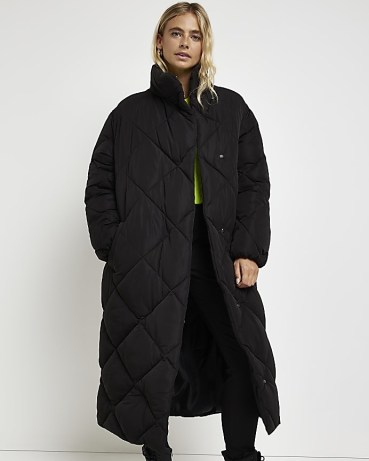 RIVER ISLAND BLACK QUILTED OVERSIZED PUFFER JACKET – women’s padded high neck longline winter coats