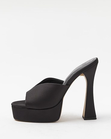 RIVER ISLAND BLACK SATIN PLATFORM HEELED MULES ~ glamorous open toe mule platforms ~ high heel party sandals - flipped