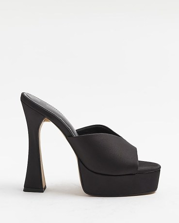 RIVER ISLAND BLACK SATIN PLATFORM HEELED MULES ~ glamorous open toe mule platforms ~ high heel party sandals