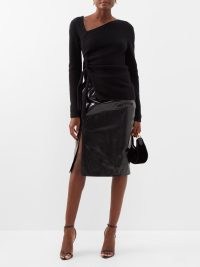 TOM FORD Side-slit coated-leather skirt in black ~ glossy split hem skirts