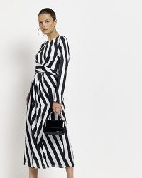 RIVER ISLAND BLACK STRIPE SATIN SHIFT MIDI DRESS ~ chic long sleeved asymmetric dresses ~ contemporary striped fashion