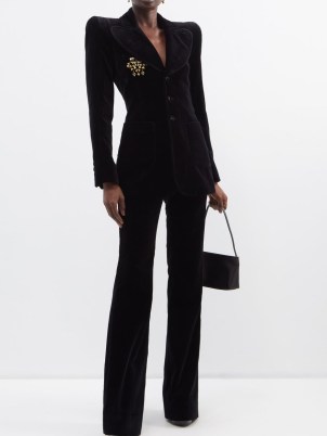 THE VAMPIRE’S WIFE The School floral-embroidered velvet blazer in black – women’s plush structured shoulder blazers – luxe occasion jackets – matchesfashion – luxury gothic inspired evening fashion – exaggerated shoulders - flipped