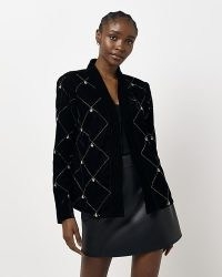 RIVER ISLAND BLACK VELVET EMBELLISHED KIMONO – women’s quilted luxe style open front eveing jackets – plush party kimonos