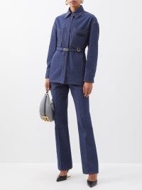 FENDI Belted-waist denim overshirt in blue | women’s designer overshirts | chic casual look