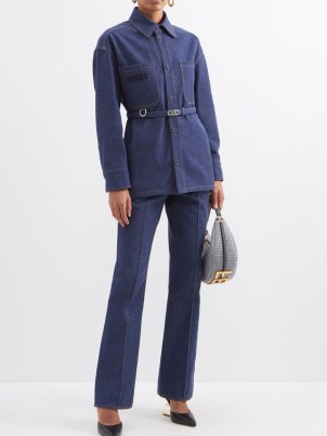 FENDI Belted-waist denim overshirt in blue | women’s designer overshirts | chic casual look - flipped