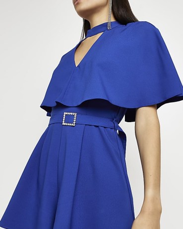 RIVER ISLAND BLUE CUT OUT CAPE PLAYSUIT – layered evening playsuits