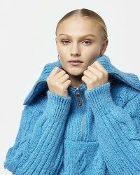 River Island BLUE HALF ZIP CABLE KNIT JUMPER | chunky collared jumpers | women’s on-trend pullovers