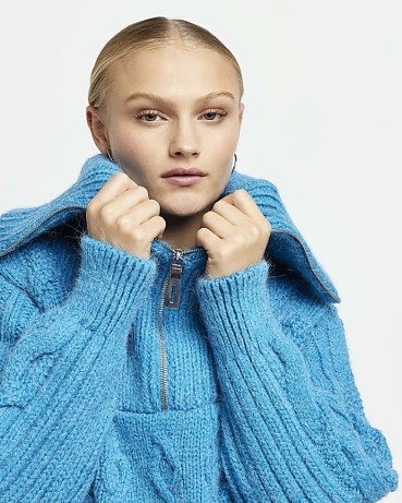 River Island BLUE HALF ZIP CABLE KNIT JUMPER | chunky collared jumpers | women’s on-trend pullovers - flipped