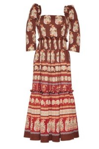 Cara Cara New York Blue Hill Dress in Paisley Maroon – floral print ruffle trimmed midi dresses – chic boho fashion – frilled details - flipped