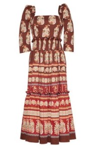 Cara Cara New York Blue Hill Dress in Paisley Maroon – floral print ruffle trimmed midi dresses – chic boho fashion – frilled details