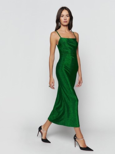 Reformation Breslin Dress Emerald Sparkle – fitted green sleeveless party dresses – low V-shaped open back