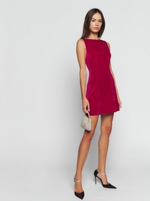 Reformation Brisbane Velvet Dress in Rhubarb | rich pink sleeveless mini dresses | luxe look party fashion | chic evening clothes | boat neck with fitted waist - flipped