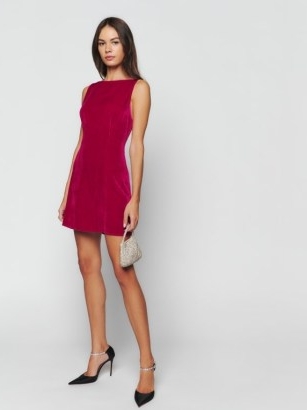 Reformation Brisbane Velvet Dress in Rhubarb | rich pink sleeveless mini dresses | luxe look party fashion | chic evening clothes | boat neck with fitted waist