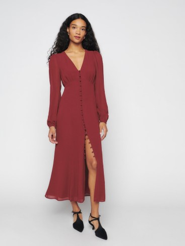 REFORMATION Brogan Dress in Chianti – long sleeved deep V-neck dresses – button front detail – puffed sleeves - flipped