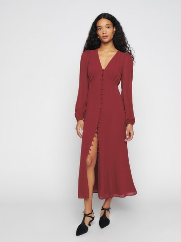 REFORMATION Brogan Dress in Chianti – long sleeved deep V-neck dresses – button front detail – puffed sleeves