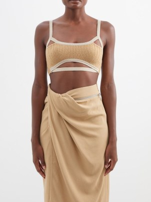 JACQUEMUS Bellinu cutout knitted crop top in brown – tan knit panel cut out tops – cropped fashion - flipped