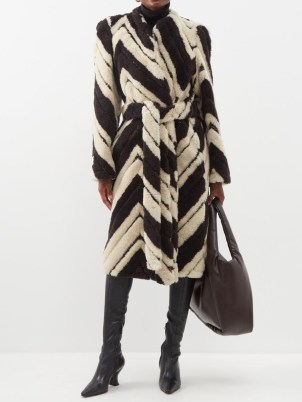 STELLA MCCARTNEY Chevron-stripe wool-blend fleece wrap coat in dark brown and cream – fluffy textured tie waist winter coats – women’s 70s inspired outerwear – MATCHESFASHION – retro fashion