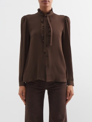 NILI LOTAN Miera ruffled silk blouse in brown ~ chocolate coloured high ruffle neck blouses ~ matchesfashion - flipped