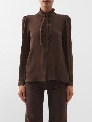 NILI LOTAN Miera ruffled silk blouse in brown ~ chocolate coloured high ruffle neck blouses ~ matchesfashion