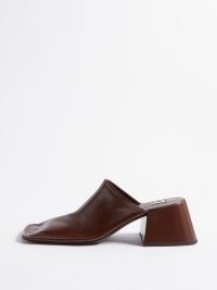 JIL SANDER Nikki square-toe leather mules in brown ~ contemporary chocolate coloured block heel shoes