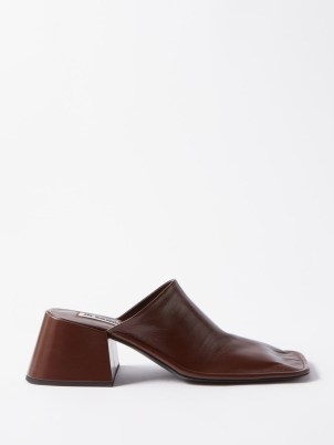JIL SANDER Nikki square-toe leather mules in brown ~ contemporary chocolate coloured block heel shoes - flipped
