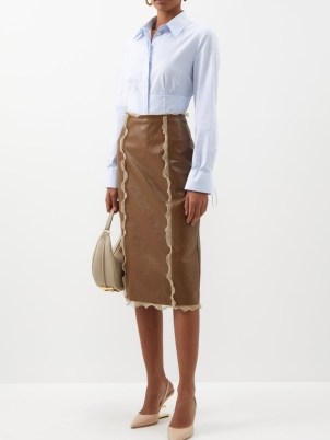 FENDI Silk-ruffled crackled-leather pencil skirt in brown – luxe ruffle trim skirts – luxury fashion – feminine clothes - flipped