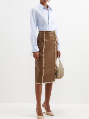 FENDI Silk-ruffled crackled-leather pencil skirt in brown – luxe ruffle trim skirts – luxury fashion – feminine clothes