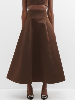 EMILIA WICKSTEAD Zena flared high-rise satin skirt in brown ~ chocolate flared hem skirts ~ designer occasion fashion ~ matchesfashion