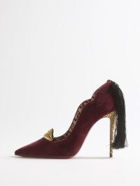 CHRISTIAN LOUBOUTIN Hot Chick Kiss 100 tasselled velvet pumps in burgundy – luxe jewel tone courts – crystal embellished lips applique – back detail tasselled court shoes – gold stiletto heels
