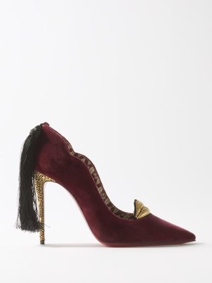 CHRISTIAN LOUBOUTIN Hot Chick Kiss 100 tasselled velvet pumps in burgundy – luxe jewel tone courts – crystal embellished lips applique – back detail tasselled court shoes – gold stiletto heels - flipped
