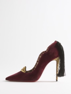 CHRISTIAN LOUBOUTIN Hot Chick Kiss 100 tasselled velvet pumps in burgundy – luxe jewel tone courts – crystal embellished lips applique – back detail tasselled court shoes – gold stiletto heels