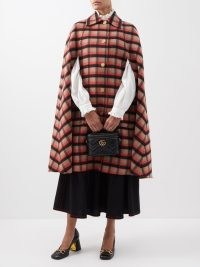 GUCCI Checked wool-blend cape in camel ~ longline check print collared capes ~ matchesfashion women’s designer winter outerwear