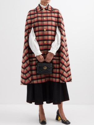 GUCCI Checked wool-blend cape in camel ~ longline check print collared capes ~ matchesfashion women’s designer winter outerwear - flipped