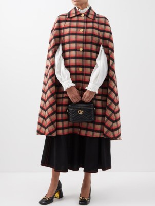 GUCCI Checked wool-blend cape in camel ~ longline check print collared capes ~ matchesfashion women’s designer winter outerwear