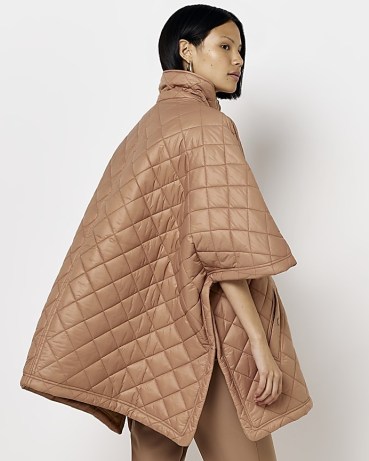 RIVER ISLAND CAMEL QUILTED CAPE – women’s quilt detail winter coats – womens on-trend capes - flipped