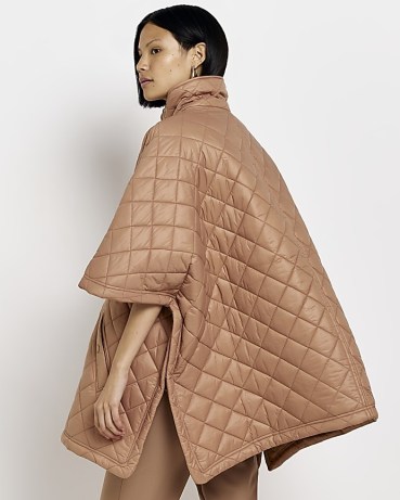 RIVER ISLAND CAMEL QUILTED CAPE – women’s quilt detail winter coats – womens on-trend capes