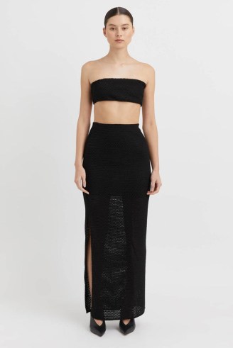 CAMILLA AND MARC Adrien Skirt in Black – semi sheer textured slim fit maxi skirts – slit hem - flipped