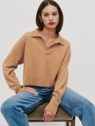 Taylor Swift’s light brown collared jumper, The Reformation Cashmere Polo Sweater in Camel. Appearing on YouTube Shorts, 21 October 2022 | celebrity social media fashion | star sweaters | knitwear - flipped